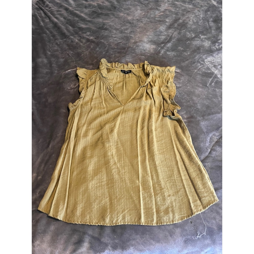 Blu Pepper Women Mustard Olive Green Ruffle Neck V-Neck Sleeveless Blouse M